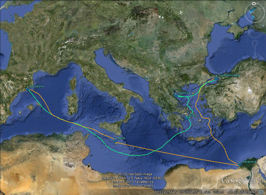 La ruta no es correspon amb les coordenades reals (anada en verd i tornada en taronja)