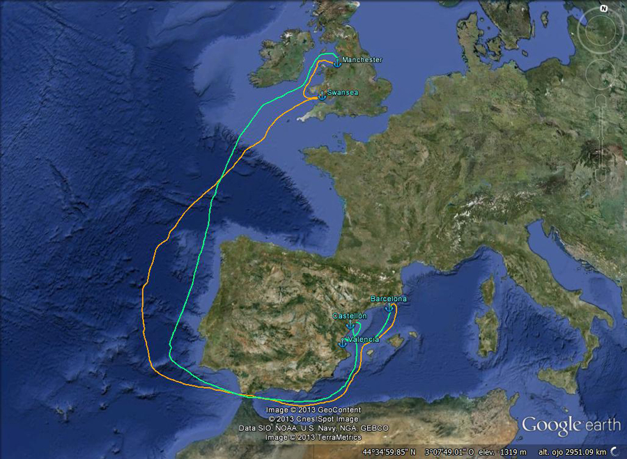 La ruta no es correspon amb les coordenades reals (Anada en verd i tornada en taronja)