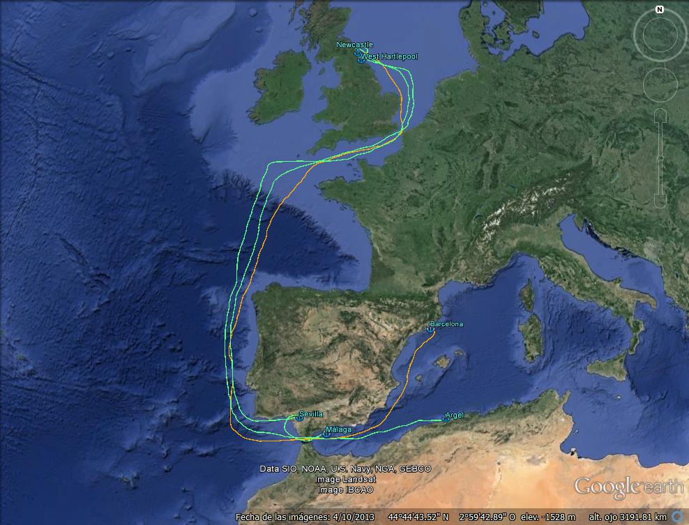 Ruta d'anada en verd i ruta de tornada en taronja (les rutes dibuixades no corresponen a les coordenades nàutiques reals)