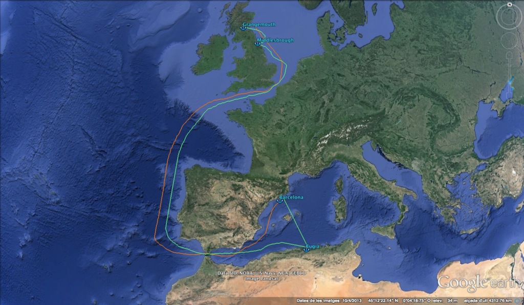 Ruta d'anada en verd i ruta de tornada en taronja (Les rutes dibuixades no corresponen a les coordenades nàutiques reals)