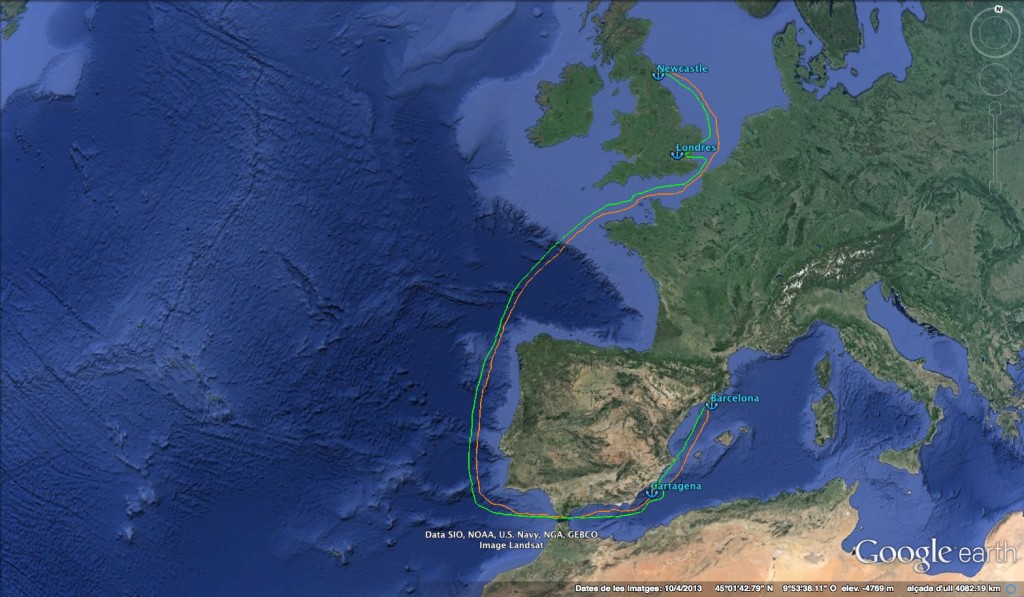 Ruta d'anada en verd i ruta de tornada en taronja (Les rutes dibuixades no corresponena les coordenades reals)