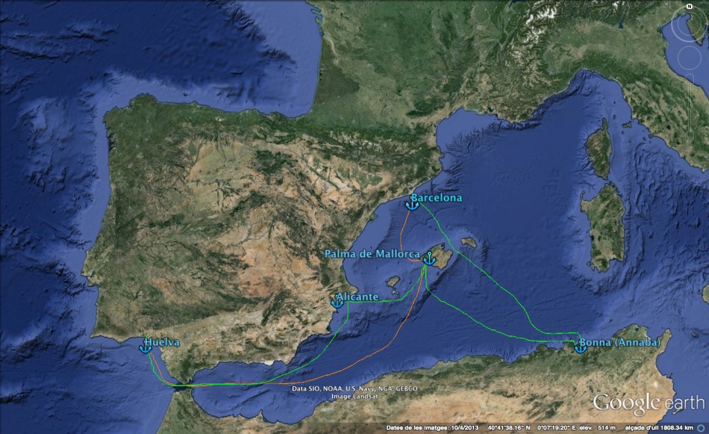 Ruta d'anada en verd i ruta de tornada en taronja (Les rutes dibuixades no corresponen a les coordenades nàutiques reals)