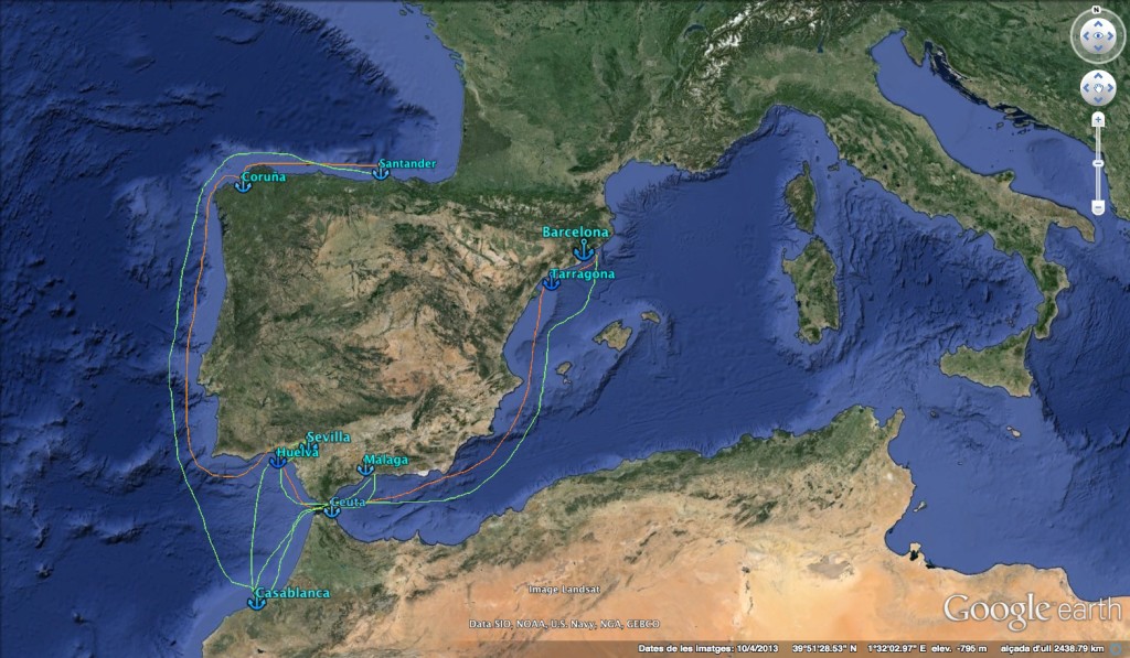 Ruta d'anada en verd i ruta de tornada en taronja (les rutes dibuixades no corresponen a les coordenades nàutiques reals)