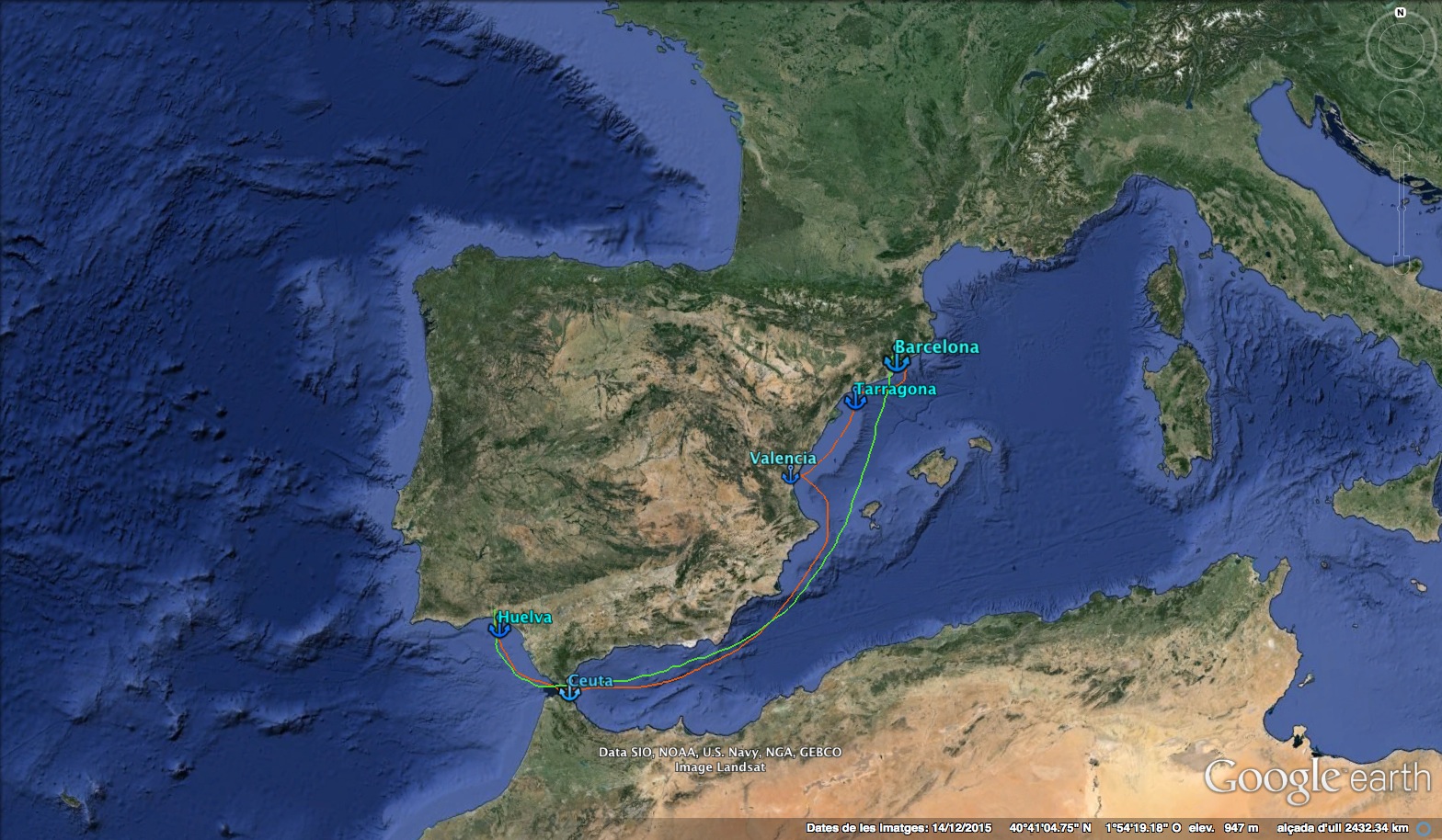 Ruta d'anada en verd i ruta de tornada en taronja (les rutes dibuixades no corresponen a les coordenades nàutiques reals)