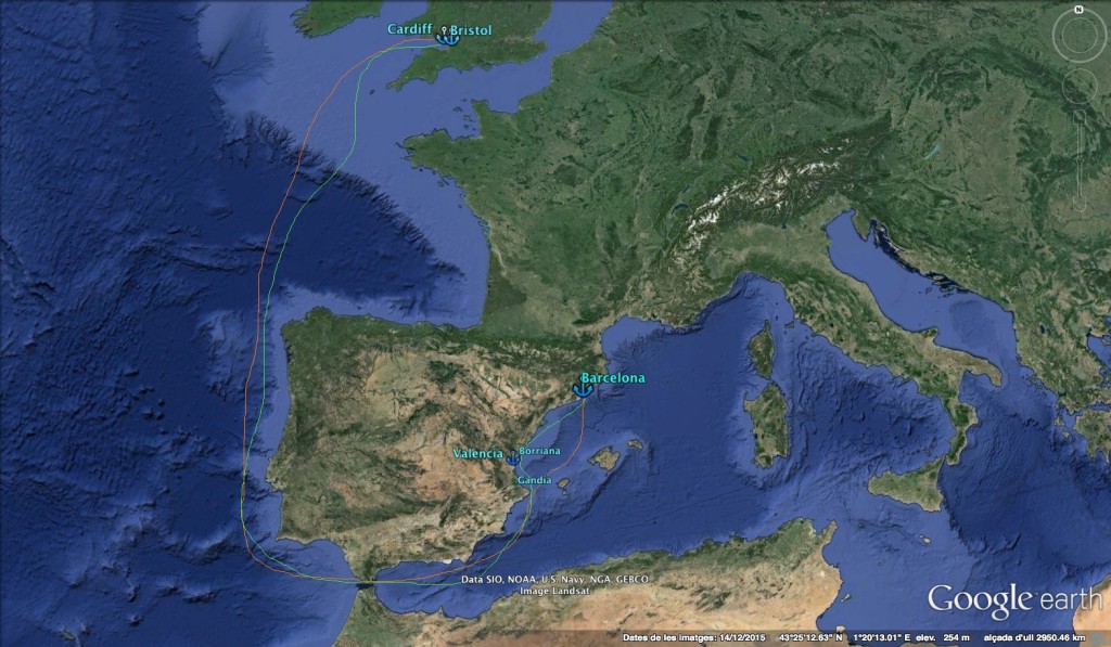 Ruta d'anada en verd i ruta de tornada en taronja (Les rutes dibuixades no corresponen a les coordenades nàutiques reals)