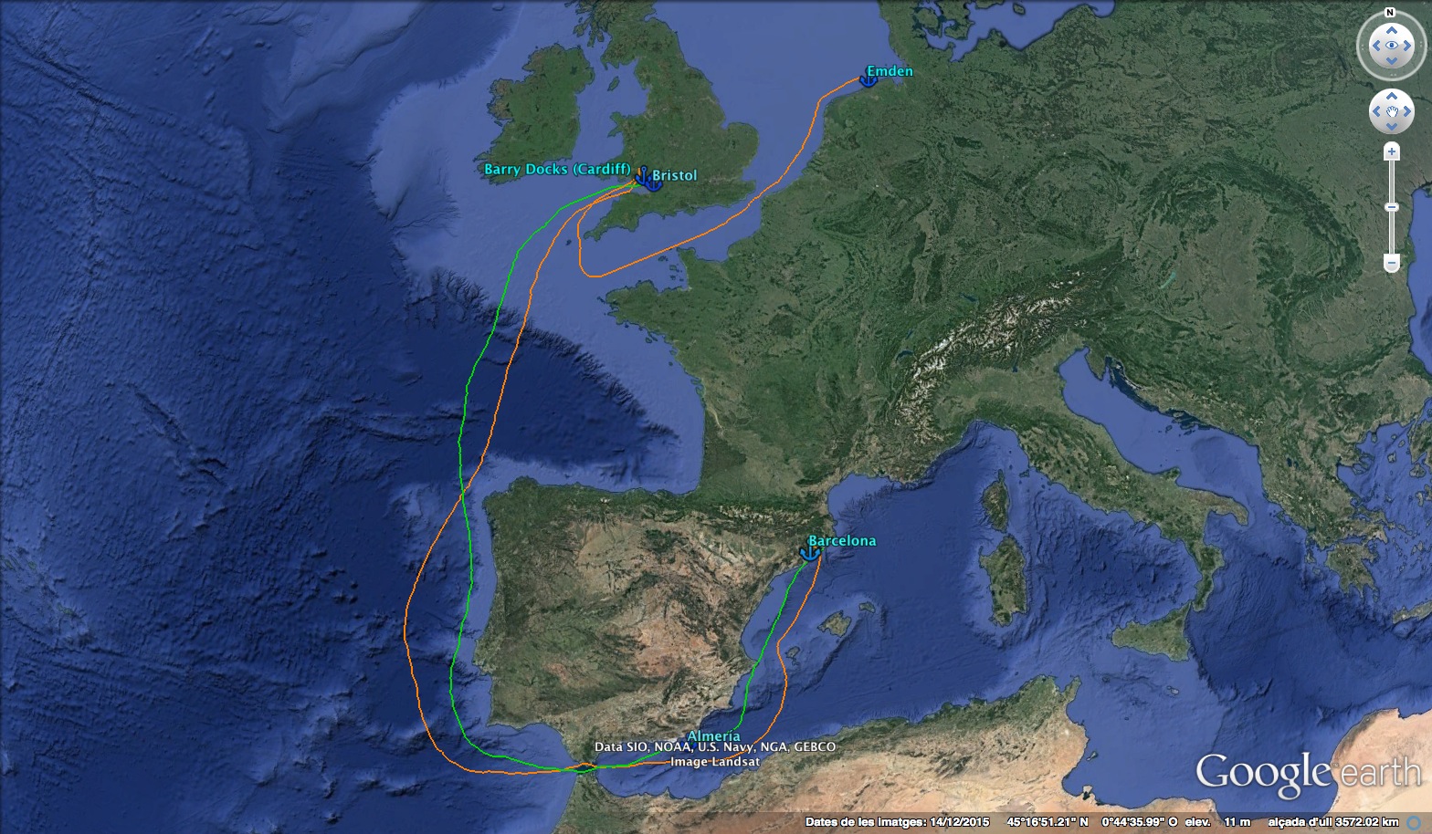 Ruta d'anada en verd i ruta de tornada en taronja. (Les rutes dibuixades no corresponen a les coordenades nàutiques reals)