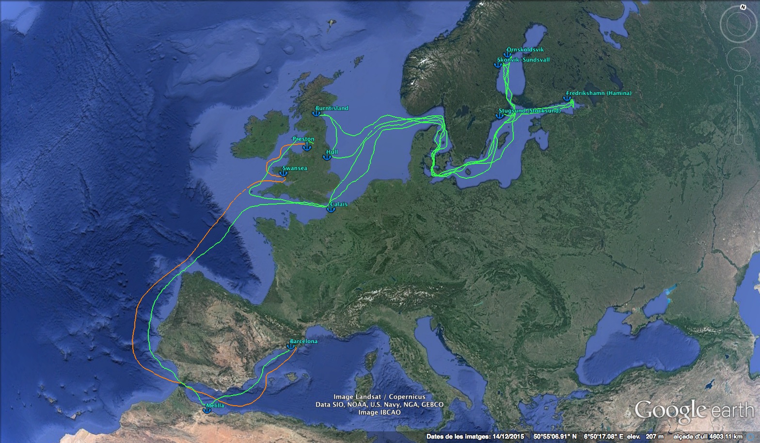Ruta d'anada en verd i ruta de tornada en taronja. (Les rutes dibuixades no corresponen a les coordenades nàutiques reals)